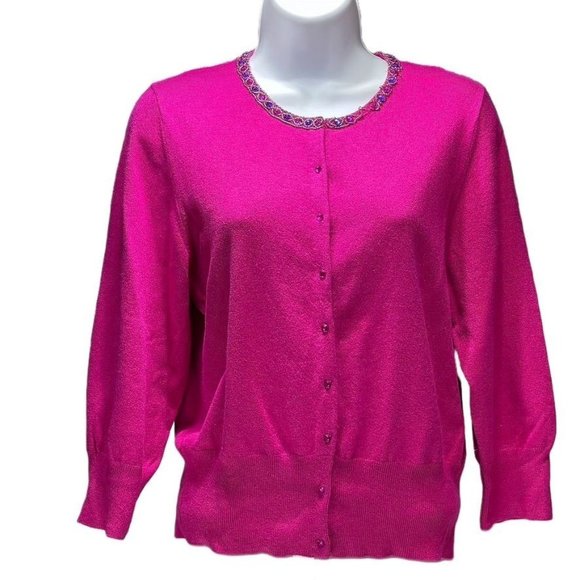tibi Sweater Fuchsia Silk Blend Jeweled Neck Cardigan Elbow Sleeve Womens Size L - Picture 1 of 9
